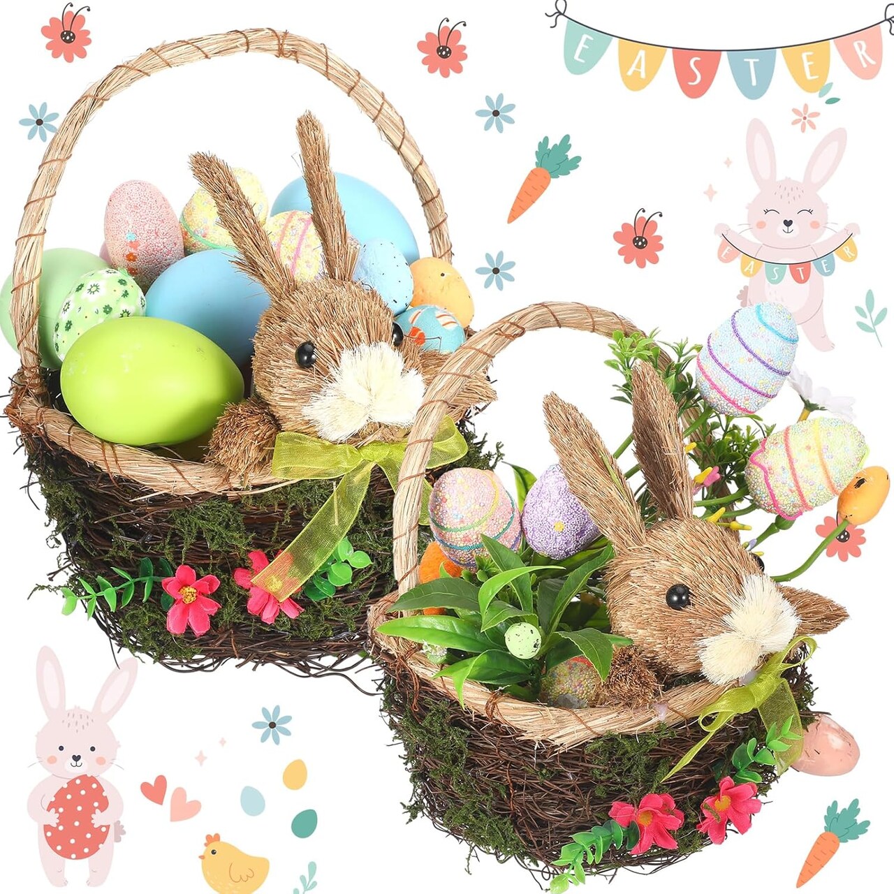 2 Pack Easter Basket Woven Easter Bunny Basket with Handle Wicker Easter Gift Basket Rabbit Eggs Candy Basket